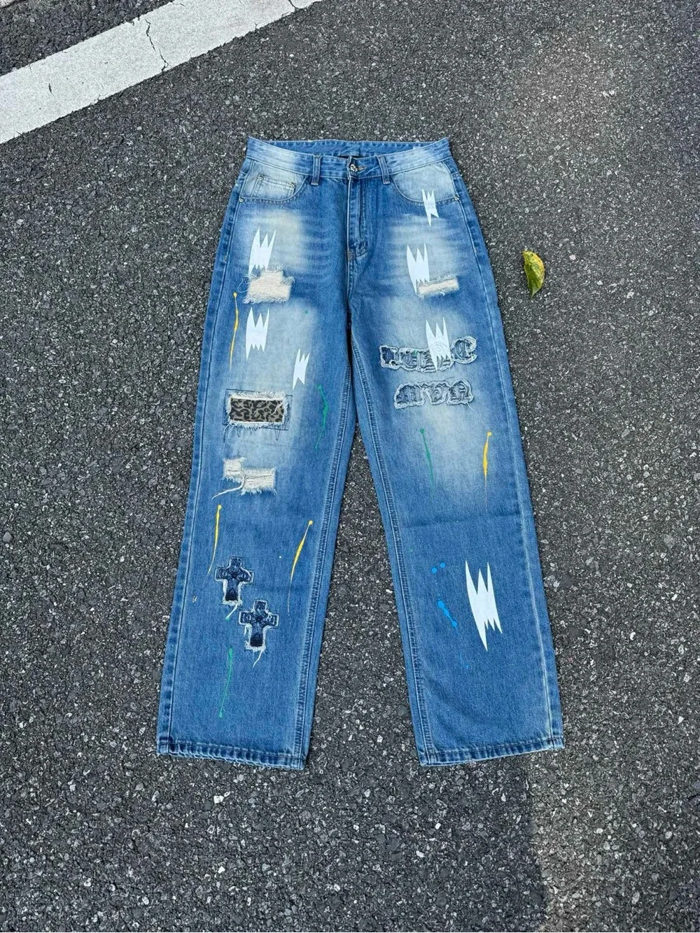 Chrome Hearts Blue Distressed Straight Jeans with Paint Accents